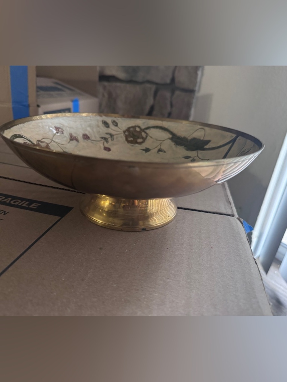 Vintage Cloisonné Enameled Solid Brass Pedestal Brass Bowl Dish